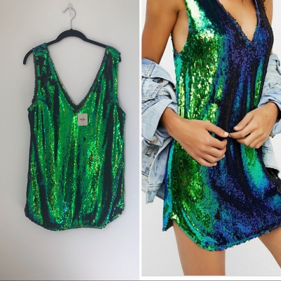 Free People Dresses & Skirts - Free People turquoise sequin shift dress Med NWT
